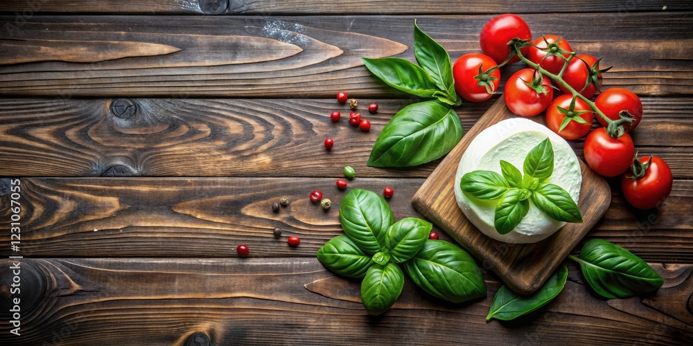 Top View of Fresh Mozzarella Cheese with Basil and Tomato on Rustic Wood Background - Perfect for Italian Cuisine, Food Photography, and Healthy Eating Concepts Top View of Fresh Mozzarella Cheese with Basil and Tomato on Rustic Wood Background - Perfect for Italian Cuisine, Food Photography, and Healthy Eating Concepts