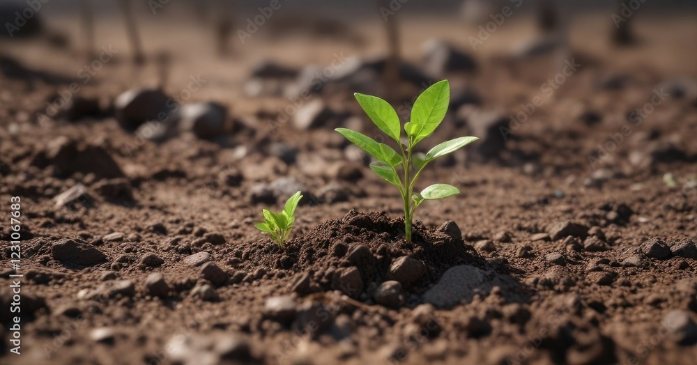 Fototapeta premium Small green plant with tiny leaves on a slender stem emerging from the ground , green leaves, botanical garden