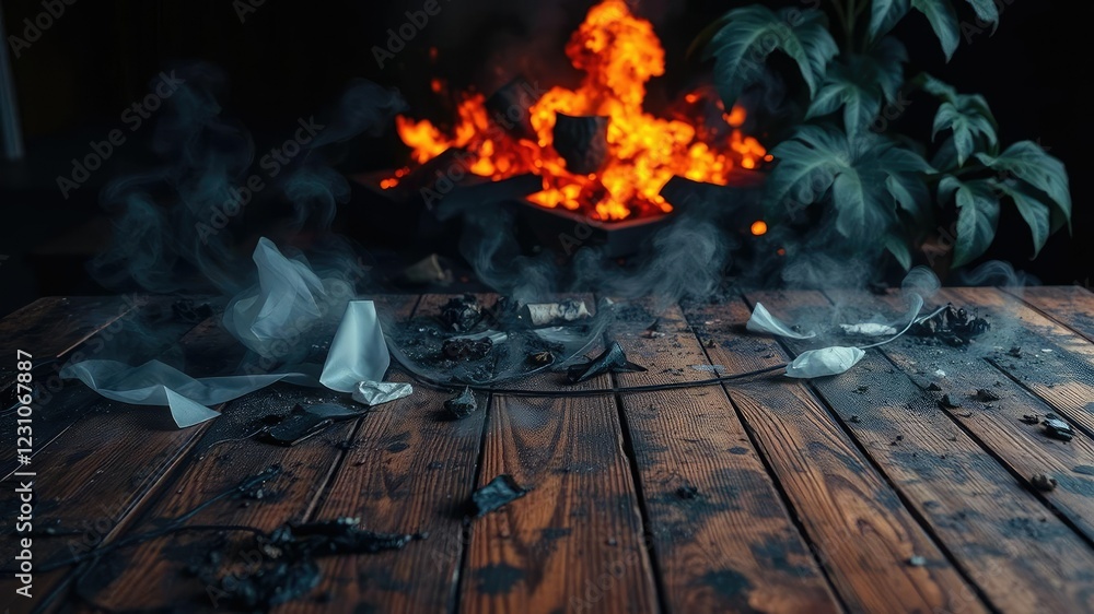 Obraz premium Smoked wooden tabletop amidst the aftermath of an explosive event, debris, smoldering remains, shattered objects