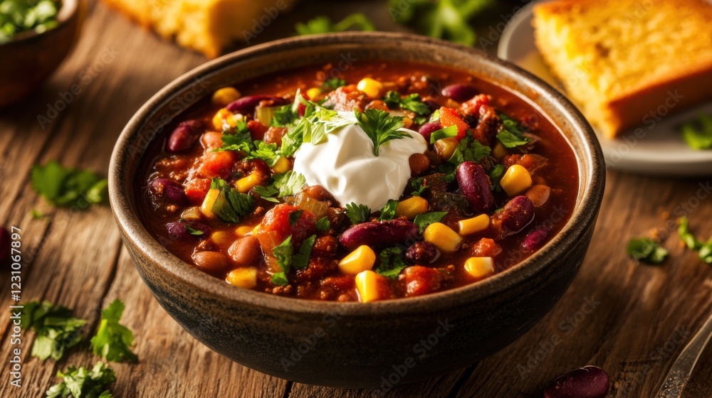 A rustic bowl of hearty vegetable chili with beans, corn, and bell peppers A rustic bowl of hearty vegetable chili with beans, corn, and bell peppers