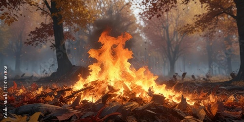 Smoke and flames bursting through the rustling autumn leaves, warm glow, flickering tongues of fire, burning photo