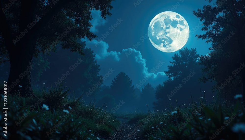Full moon casting an eerie glow over the garden, nighttime, darkness, haunting Full moon casting an eerie glow over the garden, nighttime, darkness, haunting