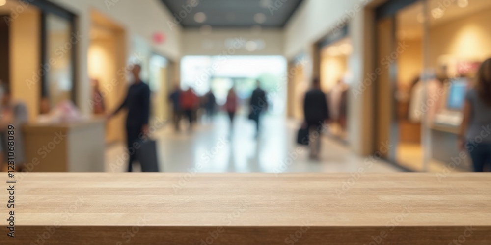 Empty wooden surface against a softly blurred background of a bustling indoor shopping arcade, showcasing a calm contrast between stillness and movement Empty wooden surface against a softly blurred background of a bustling indoor shopping arcade, showcasing a calm contrast between stillness and movement