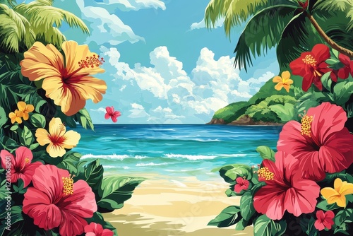 Hibiscus Flowers Frame Tropical Beach Scene