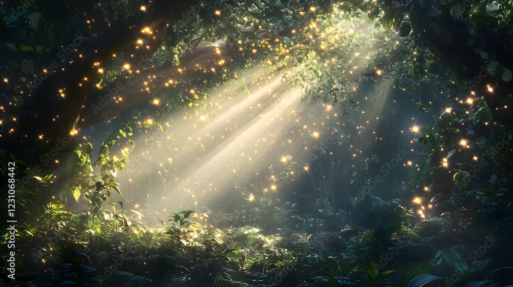 Obraz premium Lush Forest at Dawn With Warm Luminous Beams Piercing Through the Foliage. Generative AI