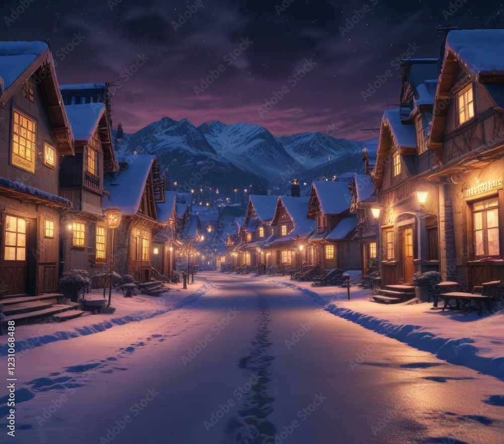 Naklejka premium Snowy village illuminated by bright neon street lights at twilight, twilight, small town, cozy