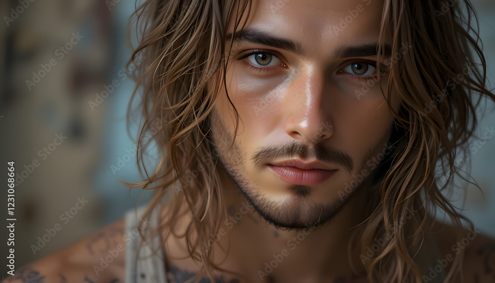Close-up Portrait of a Man with Long Wavy Hair Close-up Portrait of a Man with Long Wavy Hair