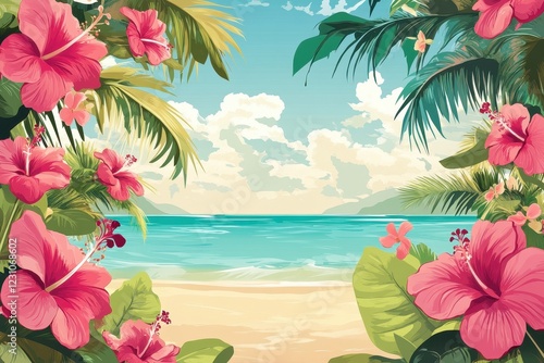 Hibiscus Flowers Frame Tropical Beach Scene