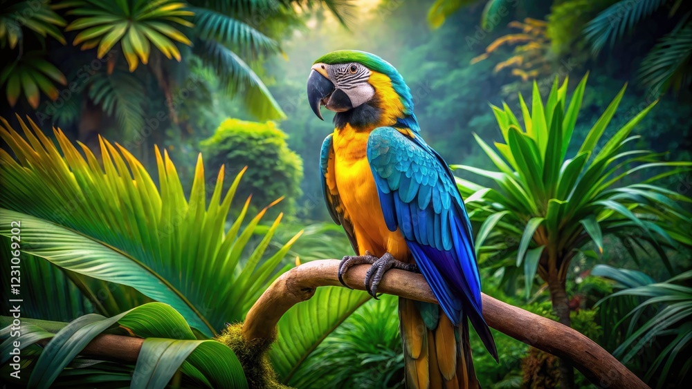 Vibrant Blue and Gold Macaw Perched on Tropical Branch Amidst Lush Greenery for Stunning Conceptual Photography Vibrant Blue and Gold Macaw Perched on Tropical Branch Amidst Lush Greenery for Stunning Conceptual Photography