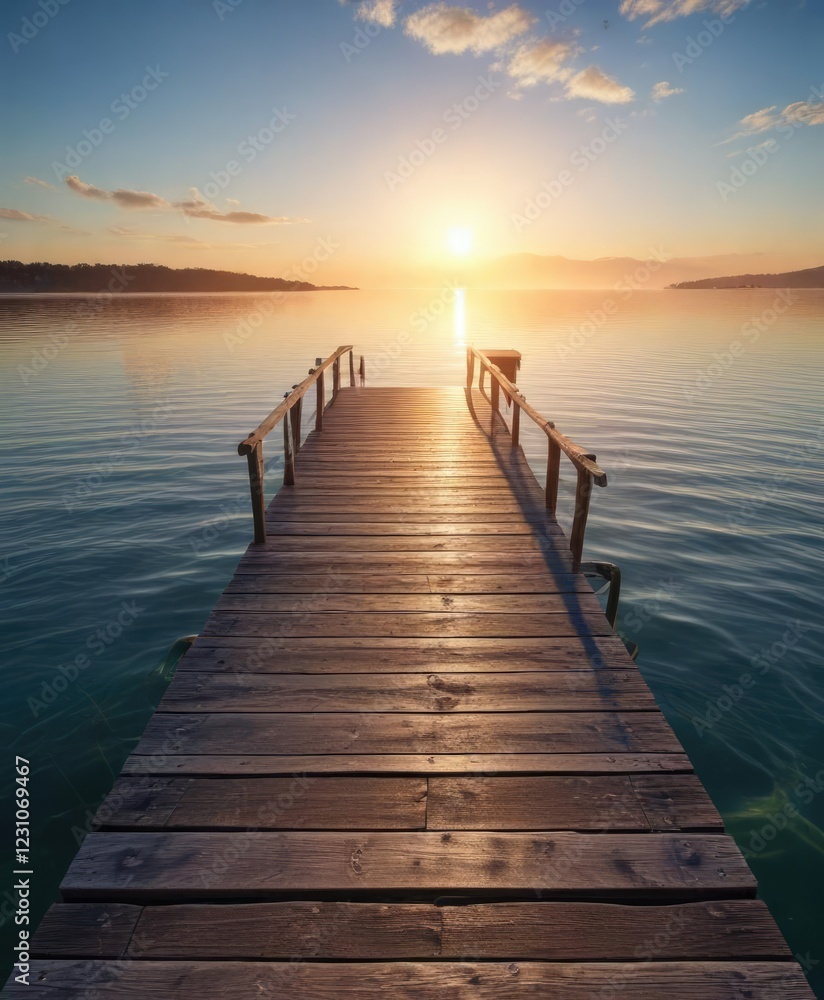 Soft sunlight casting a warm glow over the peaceful pier and calm blue waters, peaceful, warm Soft sunlight casting a warm glow over the peaceful pier and calm blue waters, peaceful, warm