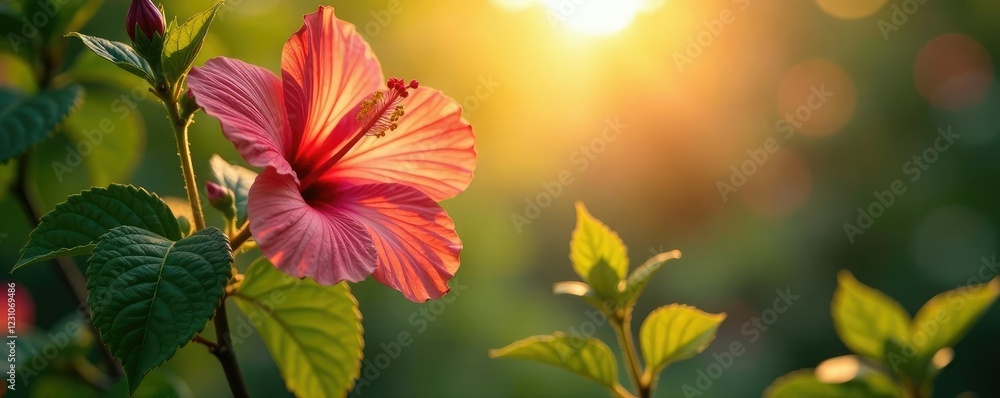 Soft sunlight illuminates delicate hibiscus leaves, fresh leaves, nature Soft sunlight illuminates delicate hibiscus leaves, fresh leaves, nature