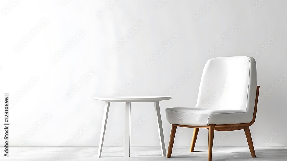 Obraz premium A chair and table are staged against a plain white, copy space 