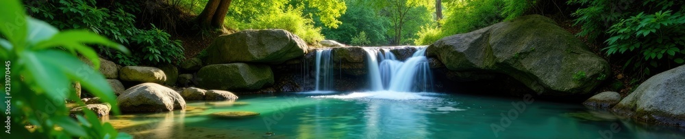Obraz premium Small waterfall cascades into a crystal-clear pool amidst lush greenery, forest, serene