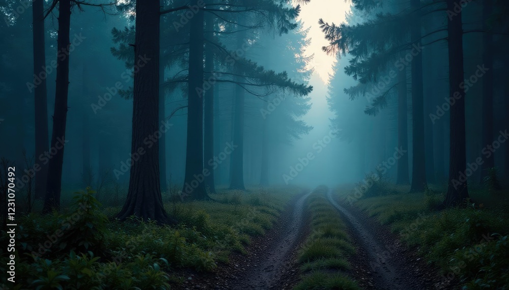 Fototapeta premium Smoke fills the air as a lone spotlight shines on a forest path, misty, rugged