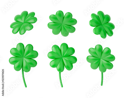 3D clover leaves set. Realistic clover with four leaves, Traditional Irish symbol of good luck, chance to success. Shamrock in different angles for Saint Patrick Day. Vector illustration on white