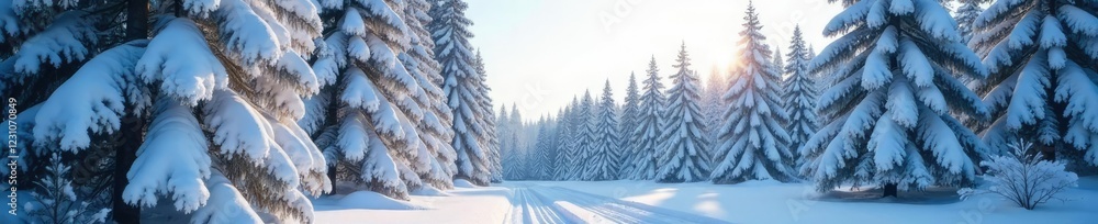 Naklejka premium Snow-covered trees with branches heavy with weight, winter scenery, coniferous tree