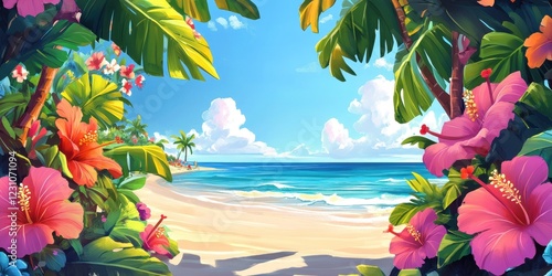 Tropical Beach Paradise Framed by Lush Hibiscus Flowers