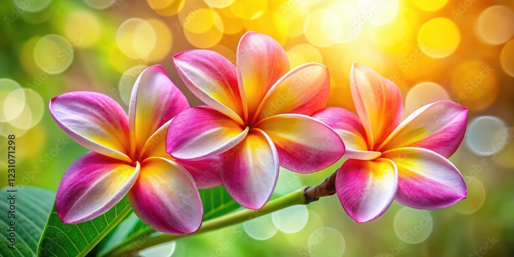 Vibrant Pink and Yellow Plumeria Flowers with Bokeh Effect for Tropical Elegance Vibrant Pink and Yellow Plumeria Flowers with Bokeh Effect for Tropical Elegance