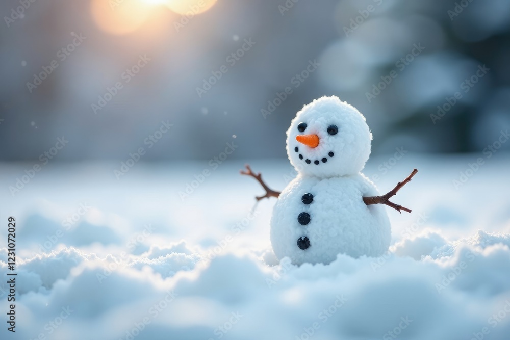 Tiny snowman on the ground amidst a blanket of pristine white snow and soft bokeh effect in the background, snowy, small Tiny snowman on the ground amidst a blanket of pristine white snow and soft bokeh effect in the background, snowy, small