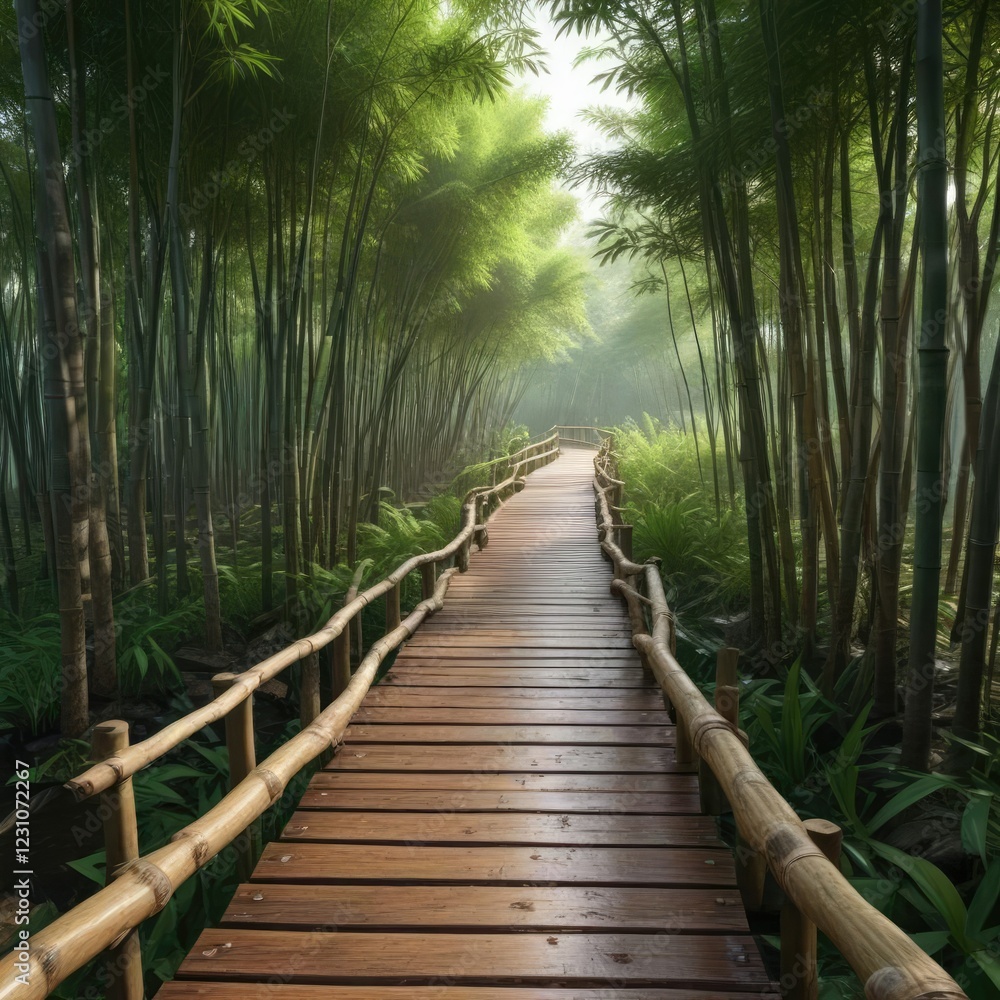 Quiet wooden walkway amidst thick bamboo forest, Summer, Habitat, Eco Quiet wooden walkway amidst thick bamboo forest, Summer, Habitat, Eco