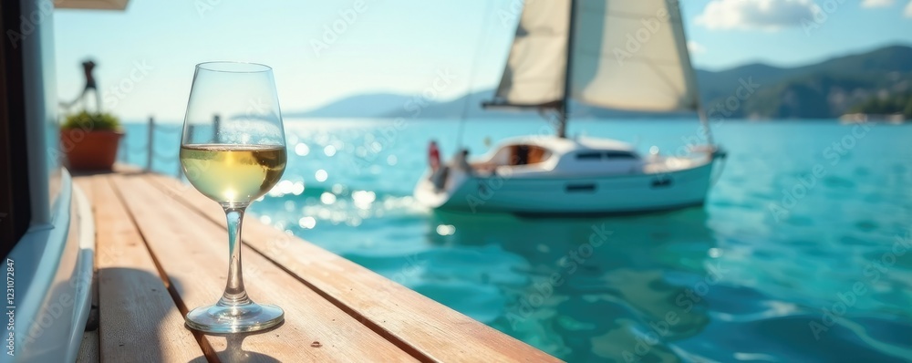 Obraz premium A sleek sailboat glides effortlessly through crystal clear waters, a glass of crisp white wine waits on a wooden deck, luxury, clarity, water