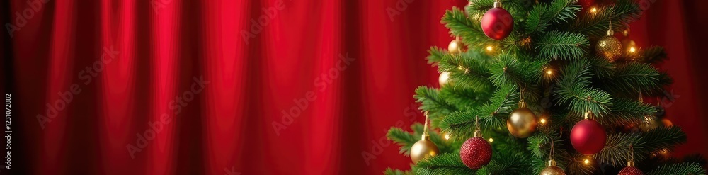 Red velvet backdrop with towering green Christmas tree and twinkling lights, ornaments, garland Red velvet backdrop with towering green Christmas tree and twinkling lights, ornaments, garland