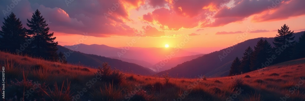 A tranquil orange and peach hue settles over the landscape at dusk, landscape, peaceful, evening A tranquil orange and peach hue settles over the landscape at dusk, landscape, peaceful, evening