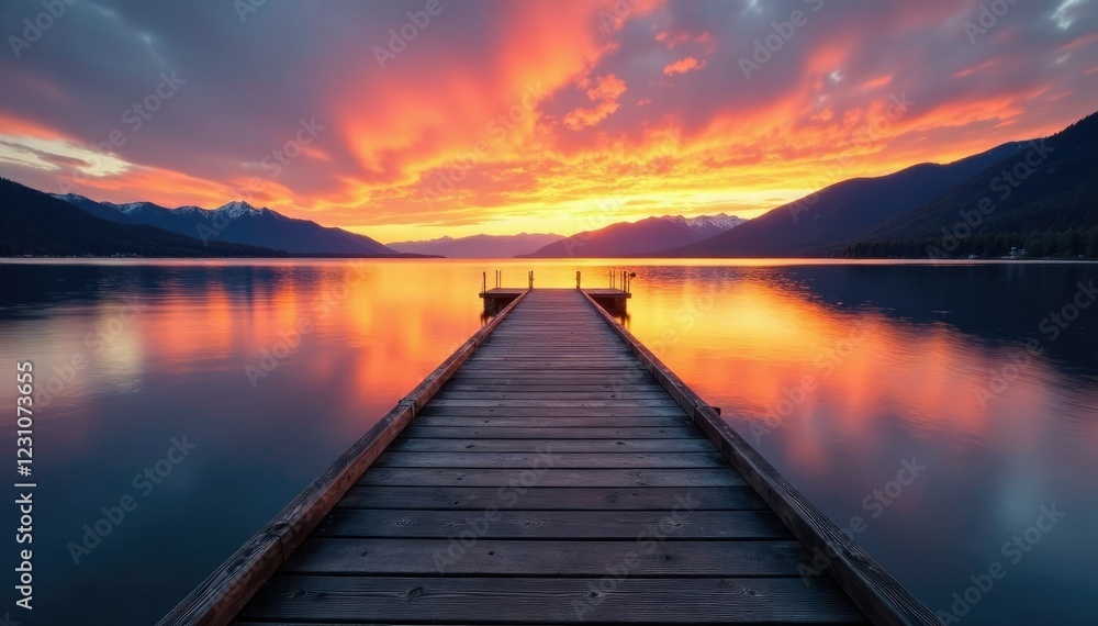 Fototapeta premium A wooden pier stretches into Flathead Lake under a warm sunset, water, reflection,