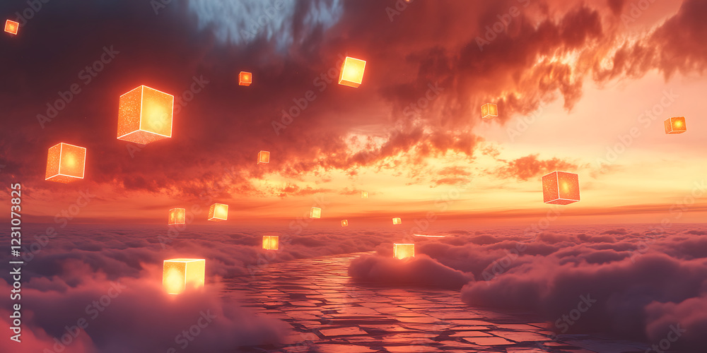 Floating Cubes in a Sunset Sky Above the Clouds Floating Cubes in a Sunset Sky Above the Clouds