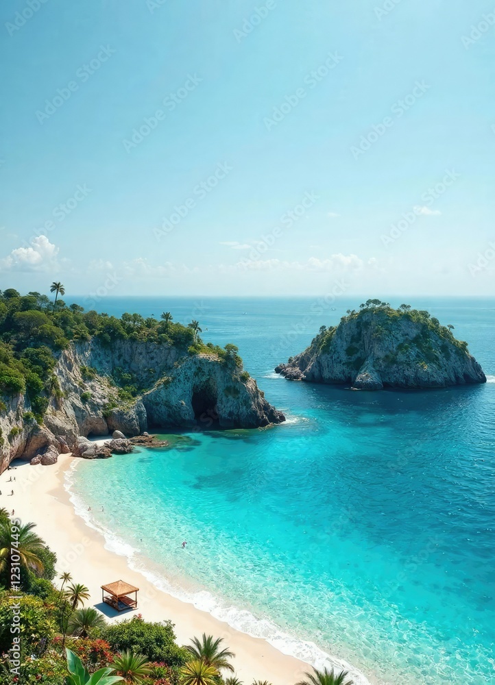 Secluded cove with calm turquoise waters and white sand beach, serene, turquoise Secluded cove with calm turquoise waters and white sand beach, serene, turquoise