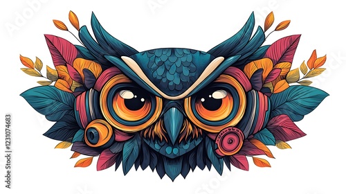 Colorful owl illustration surrounded by vibrant leaves, showcasing artistic design and creativity (1) photo