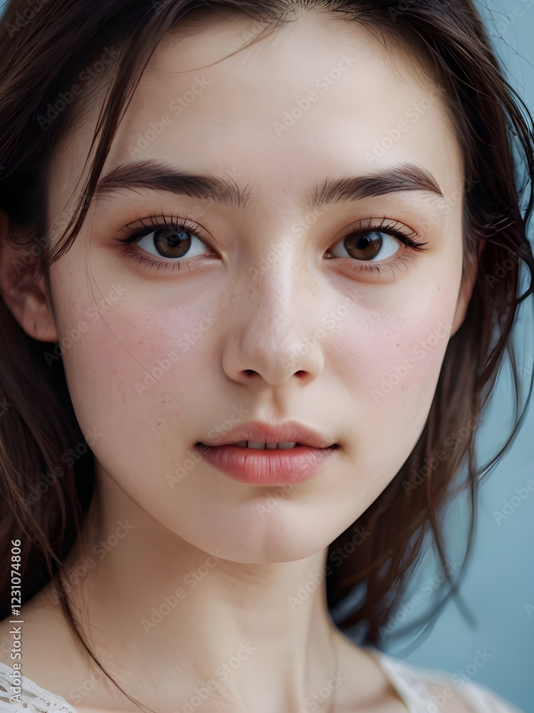 Naklejka premium A close-up portrait of a young woman with a soft expression set against a plain light blue background