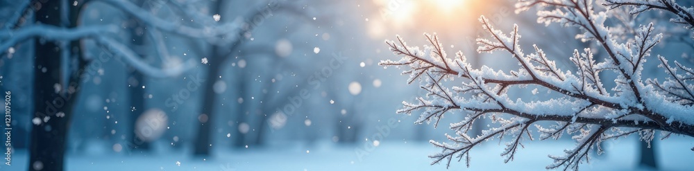 Frosty trees branches with snowflakes falling around them, cold weather, frost, snowflake Frosty trees branches with snowflakes falling around them, cold weather, frost, snowflake