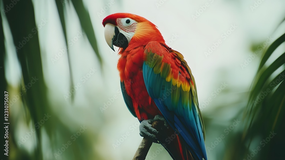 Obraz premium A parrot perched on a branch, colorful feathers contrasting against a white background
