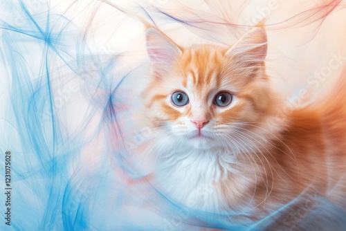 Adorable Closeup of a Charming Cubby Cat Gazing Playfully Into the Camera with Colorful Swirls in the Background