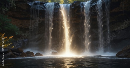 shimmering light reflected on the surface of an upward flowing waterfall, fluid dynamics, visual interest, reflection