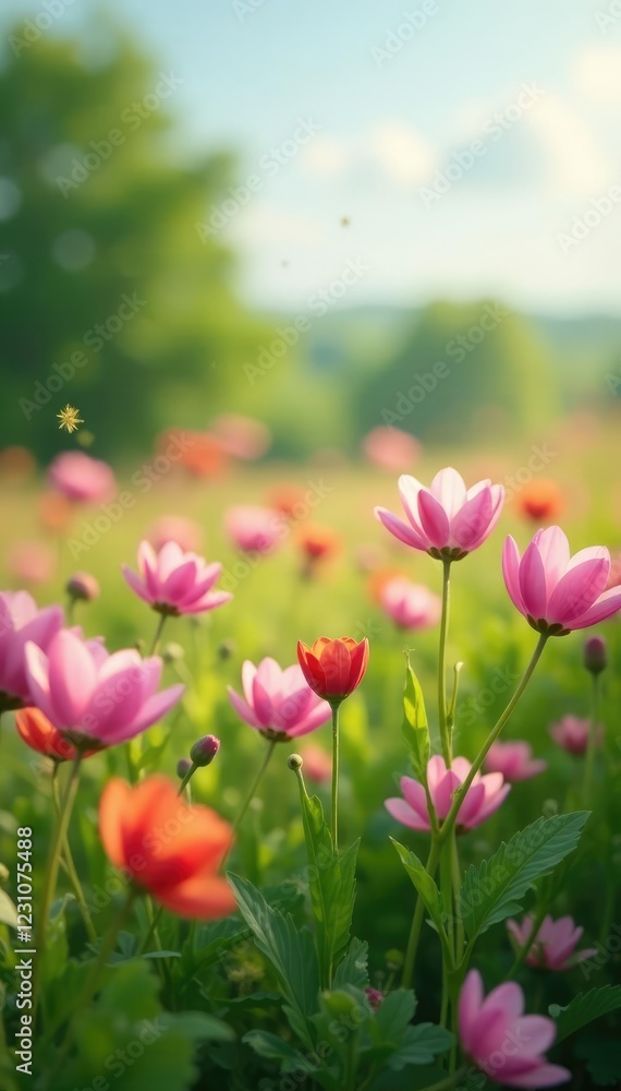 Gentle breeze rustling leaves of blooming flowers in a field, blooms, blossoms Gentle breeze rustling leaves of blooming flowers in a field, blooms, blossoms