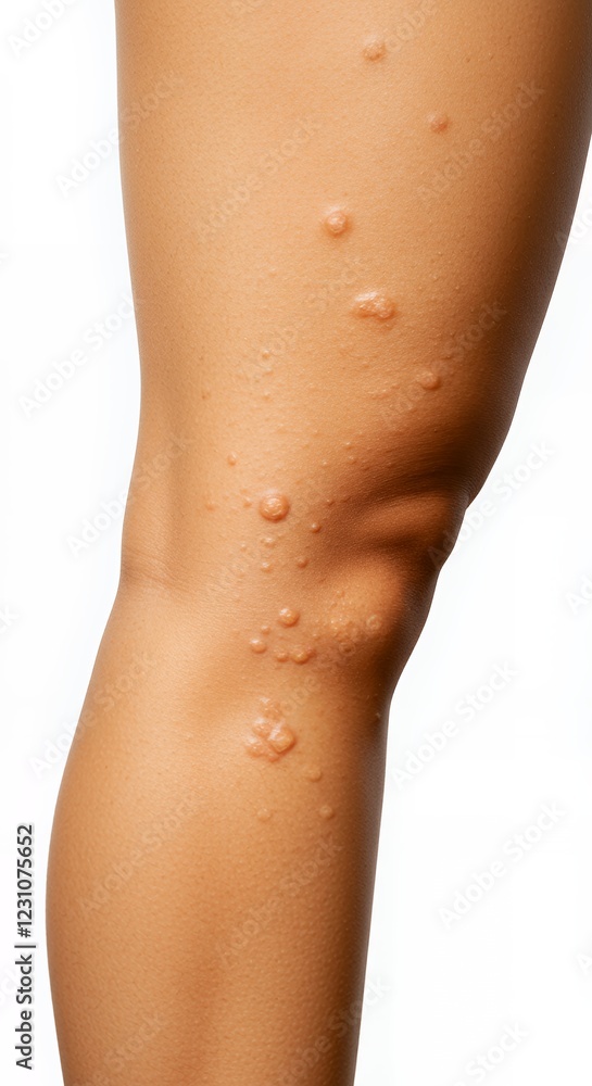 Close Up View Of Human Leg With Multiple Small Skin Bumps And Lesions On Light Brown Skin Against A White Background Medical Image Close Up View Of Human Leg With Multiple Small Skin Bumps And Lesions On Light Brown Skin Against A White Background Medical Image