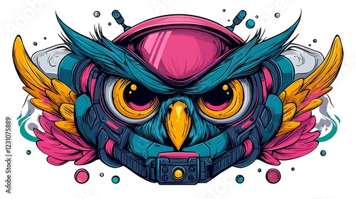 Colorful owl illustration with a futuristic helmet, featuring vibrant wings and abstract elements photo