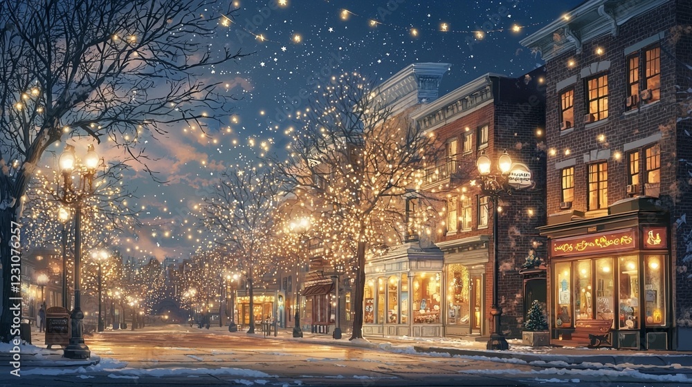 Fototapeta premium Snowy Village, Winter Night Lights