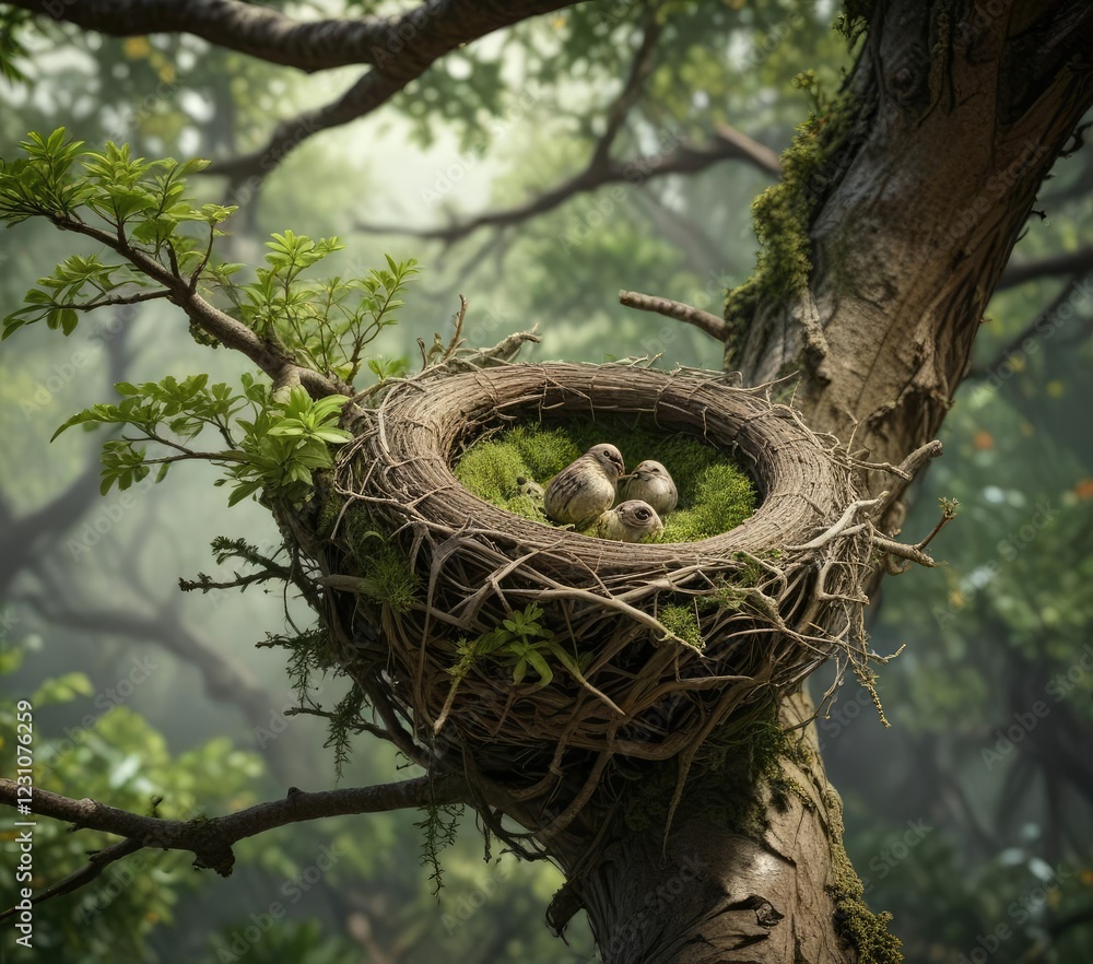 Small sparrow's nest in a mango tree branch with twigs and moss , moss, twigs, mango Small sparrow's nest in a mango tree branch with twigs and moss , moss, twigs, mango