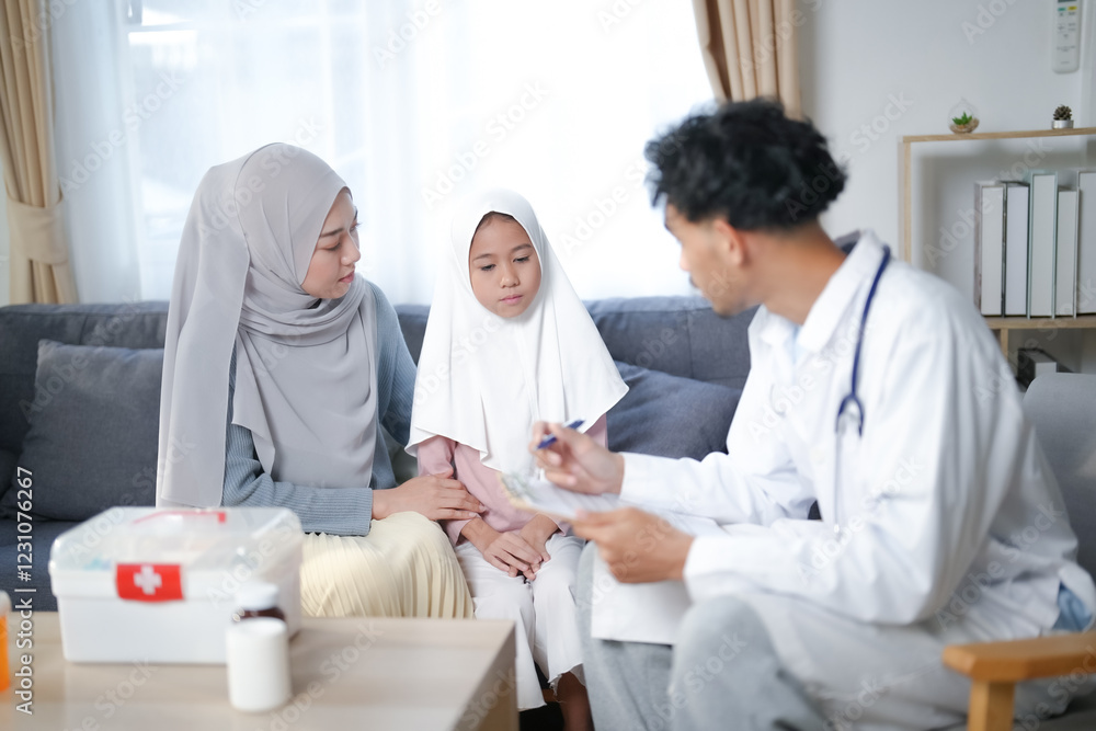 Fototapeta premium Muslim family, mother and daughter see doctor at home, advise case at patient house. Young Islamic mom and kid meet doctor at home.