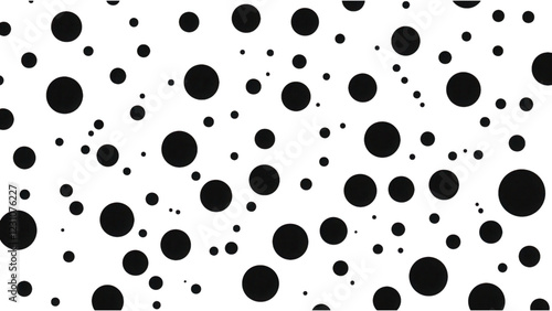 Monochrome Black Dots on White Canvas, Randomly scattered black dots create a striking contrast against a clean white background, digital art