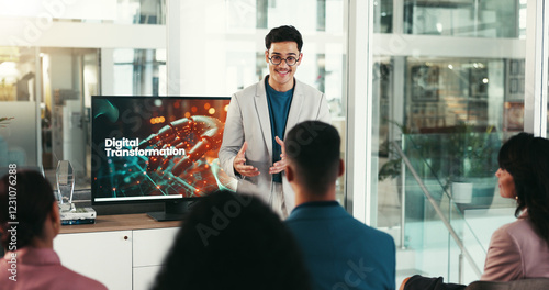 Canvastavla Presentation, digital transformation and man in office for meeting, tradeshow and seminar