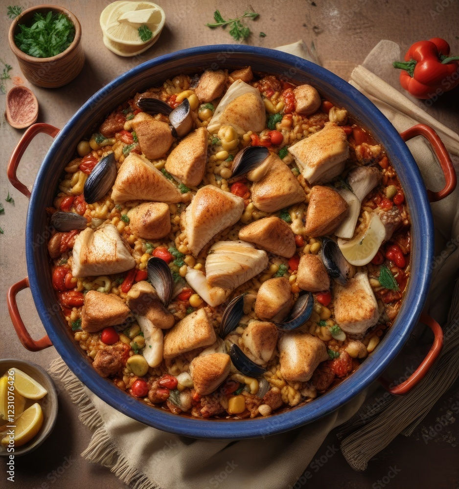Smoked paprika and chicken paella in a traditional Spanish earthenware dish , earthenware, chicken Smoked paprika and chicken paella in a traditional Spanish earthenware dish , earthenware, chicken