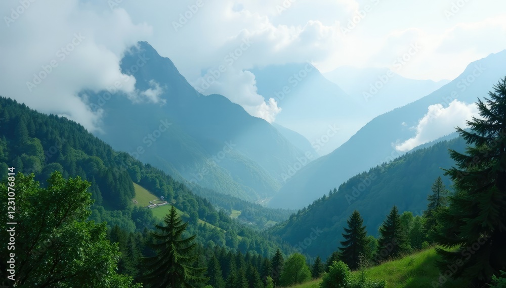 Fototapeta premium Misty mountain peaks shrouded in clouds and green forests, landscape, tree lined