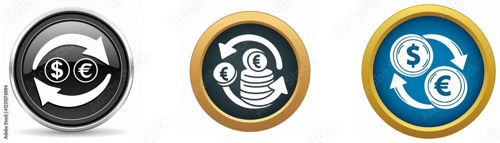 Three circular icons depict currency exchange. Arrows symbolize the conversion process between different monetary units. Three circular icons depict currency exchange. Arrows symbolize the conversion process between different monetary units.