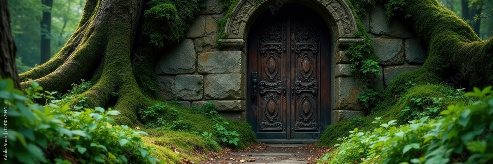 Moss-covered wooden door with intricate carvings, eerie, nature Moss-covered wooden door with intricate carvings, eerie, nature