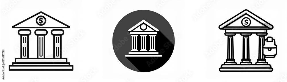 Three grayscale icons depict a classical building with columns and a pediment, representing institutions or government. One icon is circular with a shadow. Three grayscale icons depict a classical building with columns and a pediment, representing institutions or government. One icon is circular with a shadow.