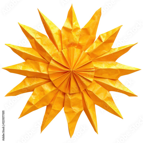 Cheerful Yellow Paper Sun, vibrant folded design, clean lines, bold color, enhances artwork, transparent background for versatile use